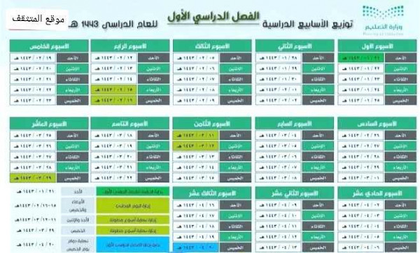توزيع الاسابيع الدراسية 1443 وورد